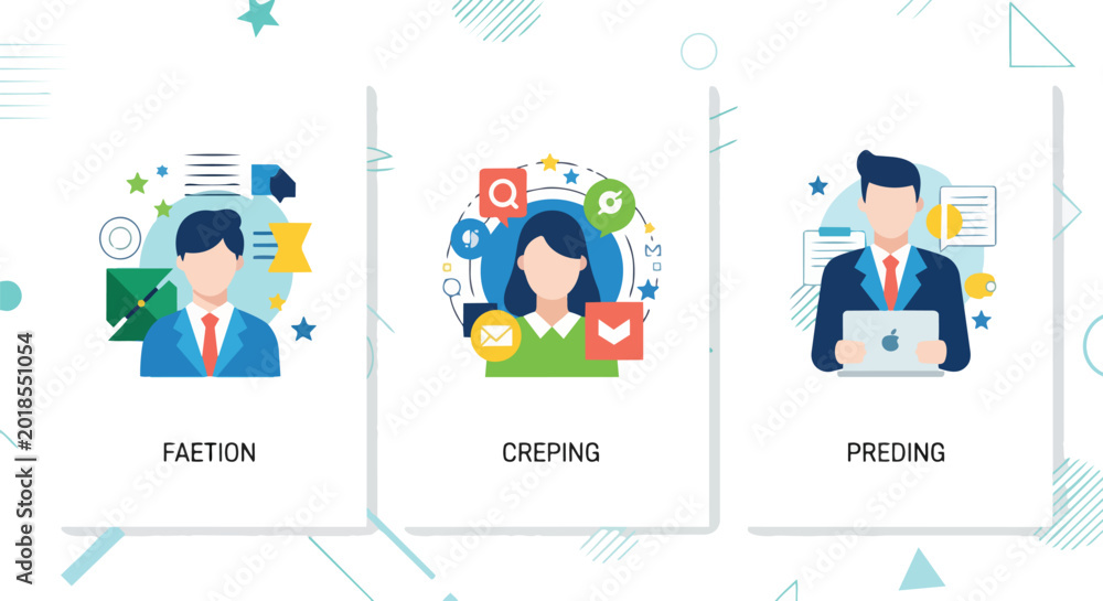 Fototapeta premium Flat vector mobile app infographic featuring three business professionals in sales, marketing and data roles, suitable for startup onboarding, corporate training and HR recruitment materials.