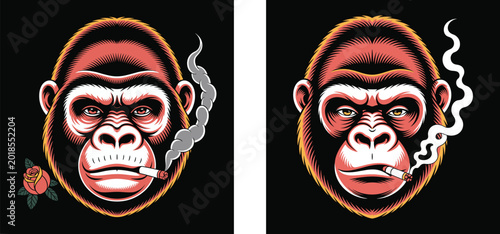 Smoking Monkey Mascot Urban Street wear Vector Illustration. Angry Ape Face Cartoon with Cigar Graphic Design.