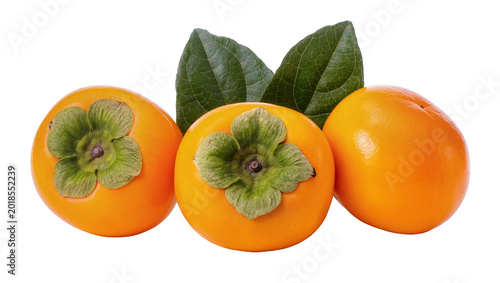 Foto Orange Persimmons with Green Leaves and Calyxes