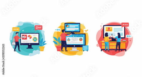 Diverse team collaborating on digital projects with monitors and charts, concept for web development, online learning and business analytics
