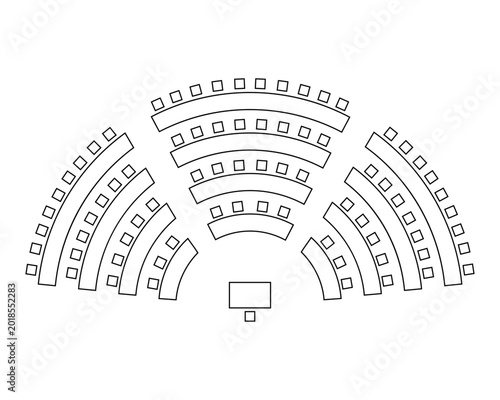 Top view seating plan vector icon showing semicircular parliament chamber layout with organized chair arrangement for conferences, assemblies, and official meetings