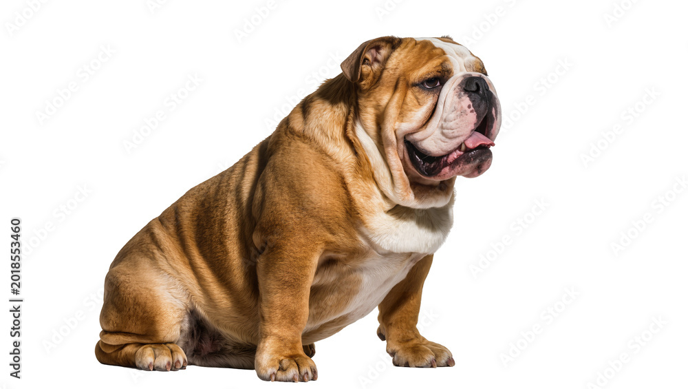 Obraz premium Tan and White Adult English Bulldog Sitting with Pink Tongue