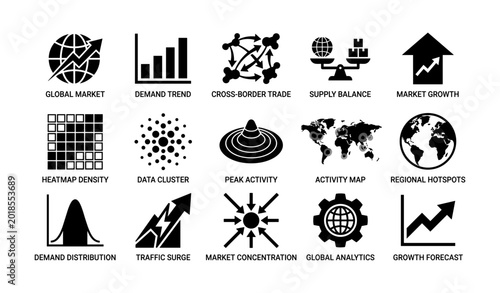 Market and global analytics icons arranged on white background