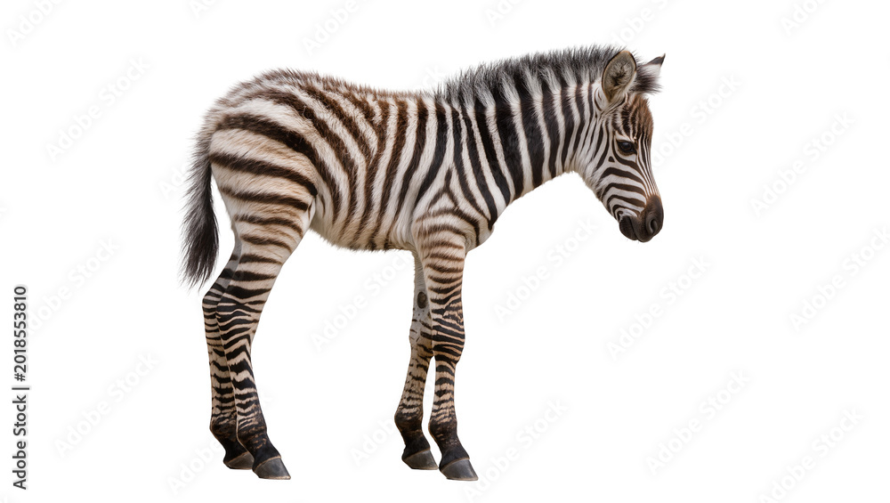 Fototapeta premium Young striped zebra standing in profile with dark markings
