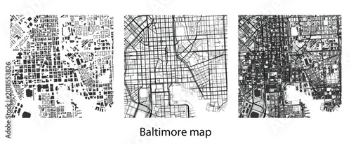 Bild auf Leinwand Baltimore city map vector set with urban building footprints, street roads and city grid layout
