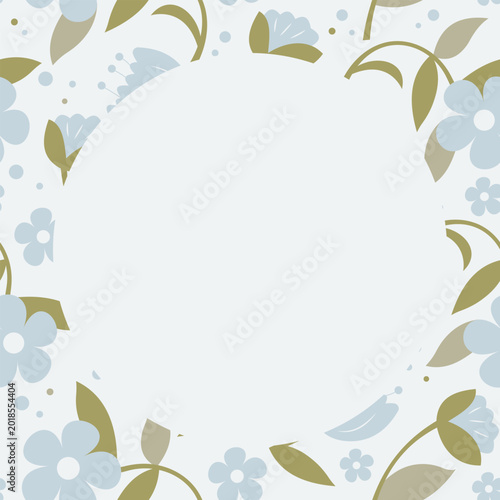 Delicate floral background with soft blue flowers, olive green leaves, and elegant round frame in pastel colors. Minimal botanical template with copy space for invitations, greeting cards, branding