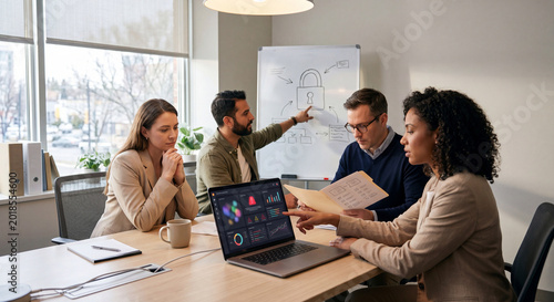 Small business team reviewing cybersecurity risks in an office meeting