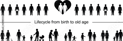 Bild auf Leinwand Silhouette figures depicting human lifecycle stages from birth to old age, with