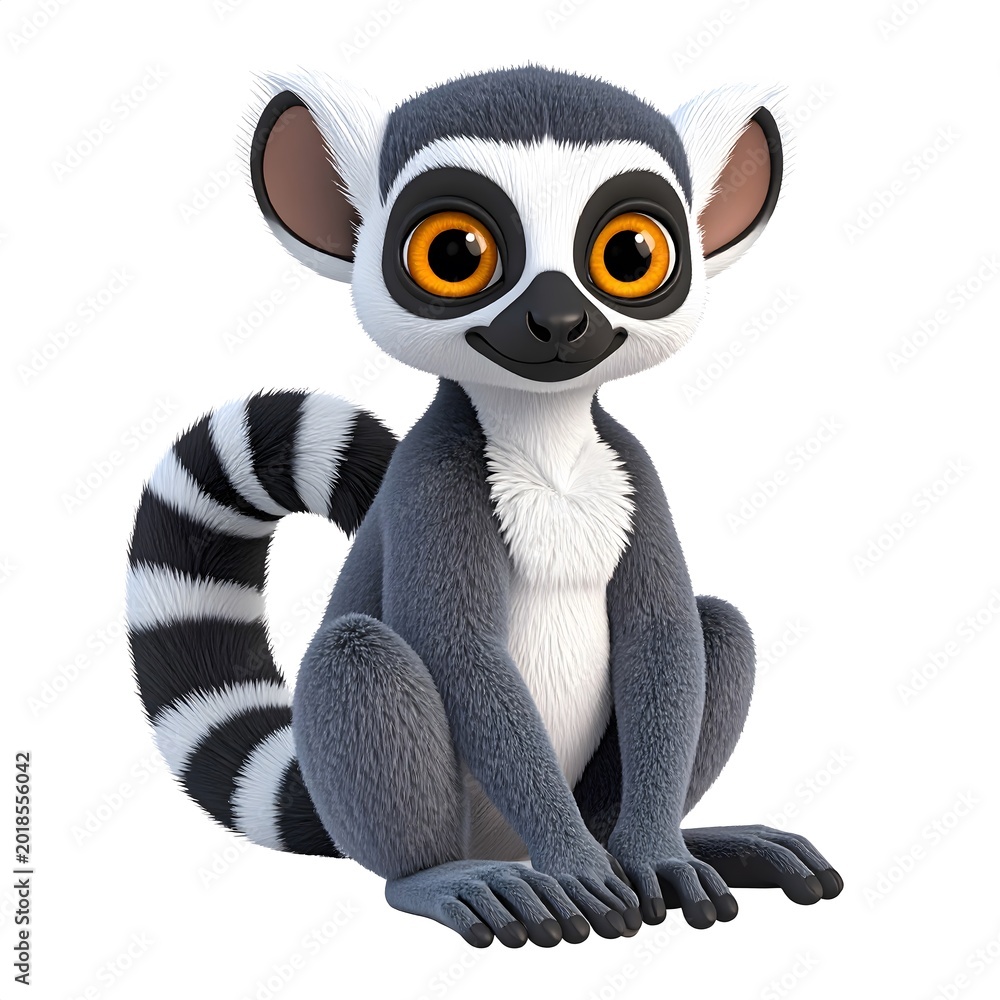 Fototapeta premium 3D cartoon lemur with striped tail, big yellow eyes, sitting position with soft grey fur.