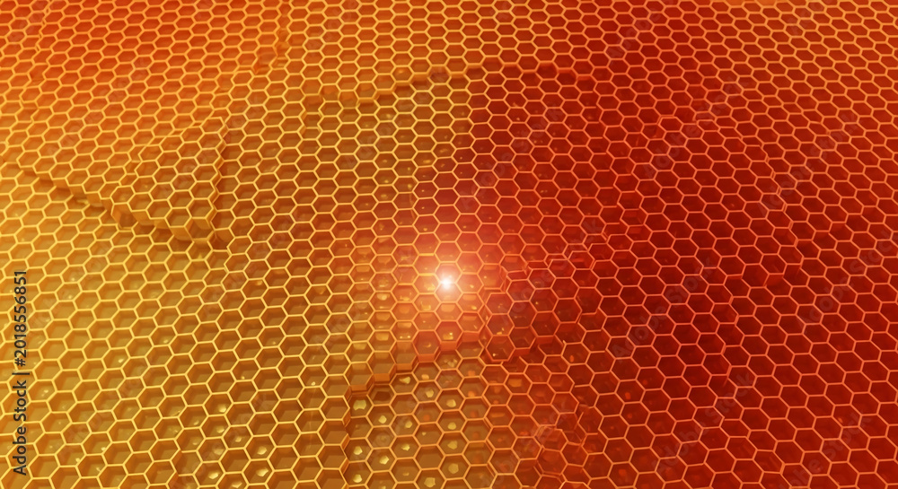 Obraz premium Close-up of a golden honeycomb pattern with a light flare, symbolizing nature, structure, and sweetness, perfect for organic or energy concepts.