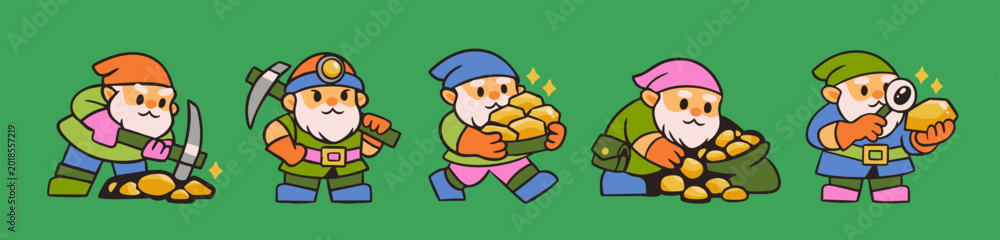 Naklejka premium Gnome Miners in various poses. Cute gnomes with pickaxe, helmet, gold nuggets, sack, magnifying glass. Hand drawn Vector illustration. Isolated design elements. Treasure mine, mobile game concept