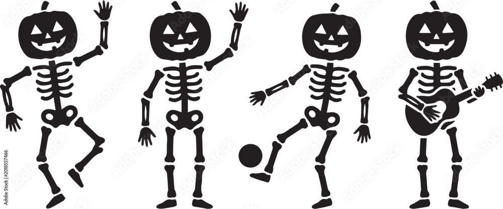 Naklejka premium Halloween Skeleton Pumpkin Characters Set Silhouette