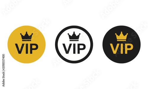 Photos VIP Badge Icons with Crown Symbol in Yellow and Black Circles