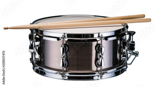 Tableau sur toile Shiny metallic snare drum with two wooden drumsticks