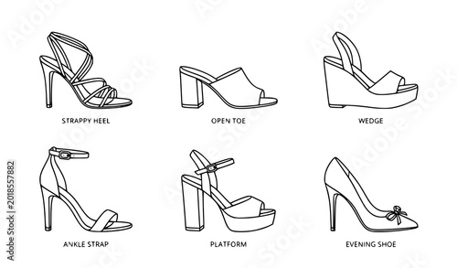 Cuadro en lienzo Set of 30 footwear outline icons editable stroke linear shoe vector collection