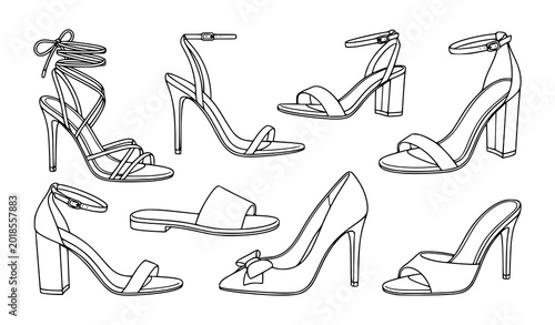 Fotografie Modern footwear linear icons set with editable stroke shoe outline vector pack