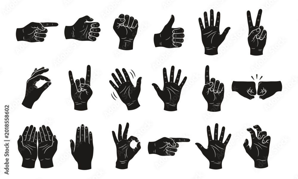 Fototapeta premium Hand Gesture Silhouette Icons Vector Collection on White