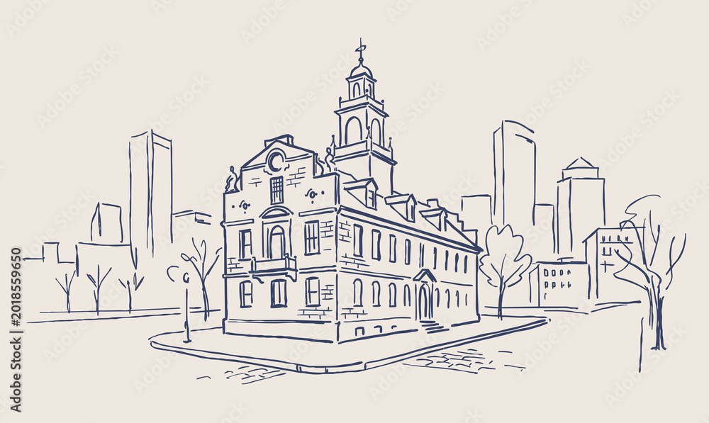 Fototapeta premium Vector line art of a vintage building.Old Building In Boston City.