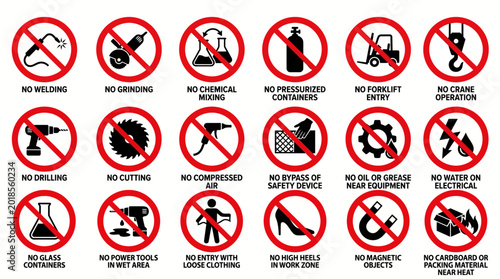 Vector Icons Set of Industrial Workplace Safety Prohibition Signs and Hazard Warning Icons.