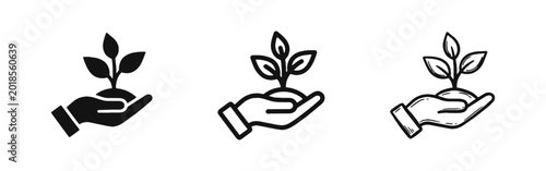Obraz na plátne Hand holding plant sprout icon representing growth and nature in glyph, outline