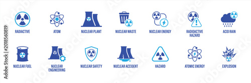 Photos Nuclear Energy and Radioactive Hazard Icon Set with Atomic Power Plant, Radiatio