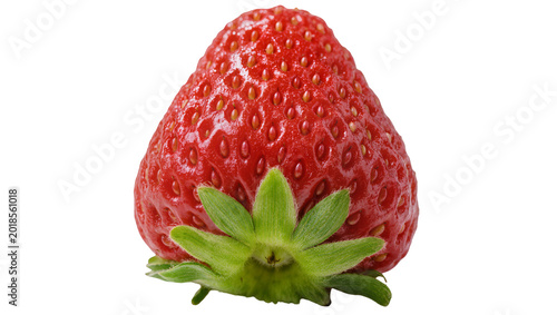 Tableau sur toile Ripe Red Strawberry with Green Calyx and Seeds