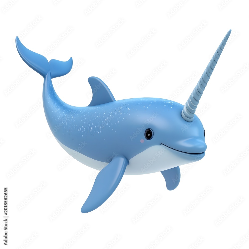 Fototapeta premium 3D cartoon narwhal in swimming pose, grayish blue body with long spiral tusk, soft shadows.