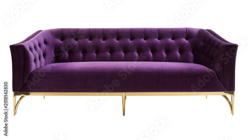 Canvas Print Plush purple velvet sofa with gold metal legs and tufted back