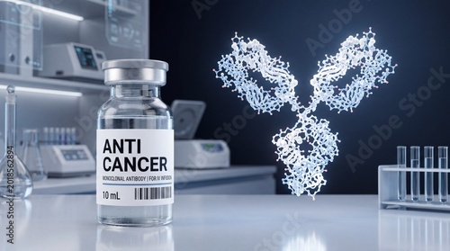 Anti-Cancer Medication Vial with Antibody Structure in a Laboratory Setting.