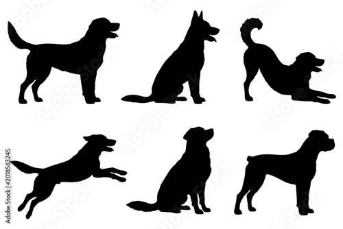 Black Dog Silhouette Collection with Standing Sitting and Running Poses Illustration Set