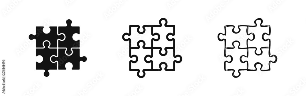 Fototapeta premium Puzzle Piece Icon Set in Solid Outline and Hand Drawn Styles Interconnected Jigsaw Concept for Teamwork and Solution
