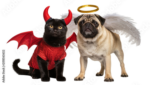 Tablou pe pânză Black cat devil wings and beige pug angel wings halo