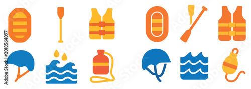 Safety icons with lifejacket raft paddle flat