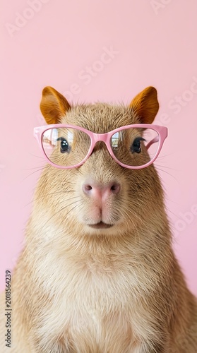 Cute capybara wearing pink glasses on pink background looking adorable