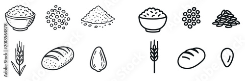 Grain food icons with rice wheat bread outline