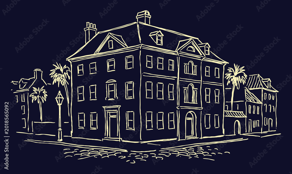 Obraz premium Vector line art of a vintage building.Old Building In Charleston City.