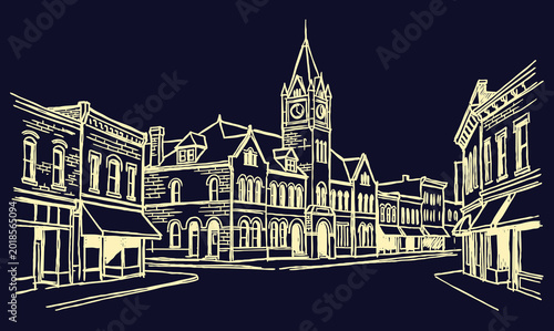 Vector line art of a vintage building. Old Building In Cheyenne City.