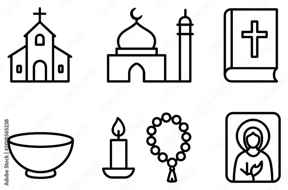 Fototapeta premium Religion icons with church mosque bible outline