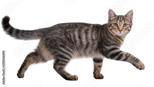 Fototapeta na wymiar Gray tabby cat walking with focused gaze and long tail