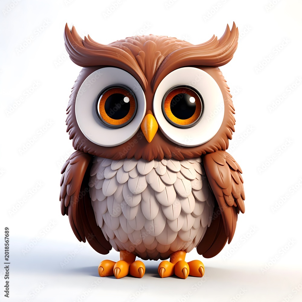 Fototapeta premium 3D cartoon owl perched on a white background.