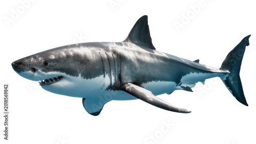 Photography Large Great White Shark Swimming with Visible Teeth and Fins