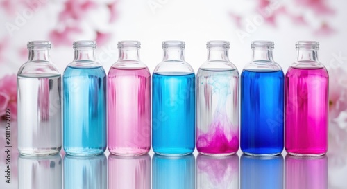 Seven glass bottles with colored liquids on reflective surface
