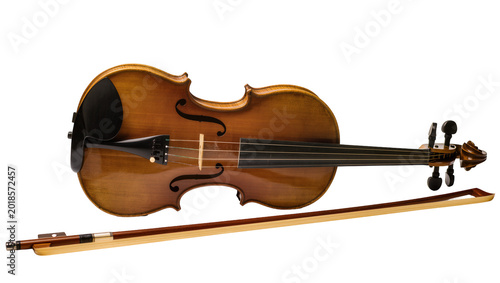 Tableau sur toile Brown wooden Violin with Bow and Strings laid flat