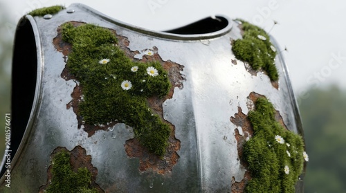 Rusty Armor Covered in Moss and Flowers Rusty Moss Flowers Nature Reclamation Medieval Metal. Concept featuring rusty, moss, flowers, nature, reclamation for professional commercial design.