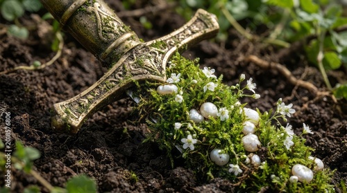 Sword Embedded in Soil with Pearls and Flowers Pearls Flowers Moss Soil Nature Mystical Fantasy. Concept featuring pearls, flowers, moss, soil, nature for professional commercial design.
