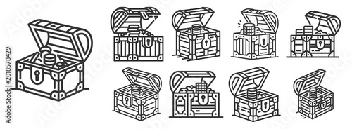 Foto Treasure chest icons set in line art style with gold coins and open lids