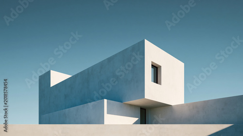Serene white modern house against a clear blue sky