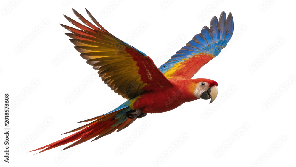 Obraz premium Vibrant Scarlet Macaw Flying with Extended Colorful Wings