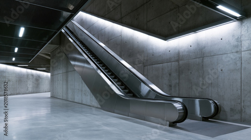 Modern escalator descending into concrete space