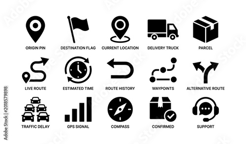Delivery and location icons arranged in grid on white surface